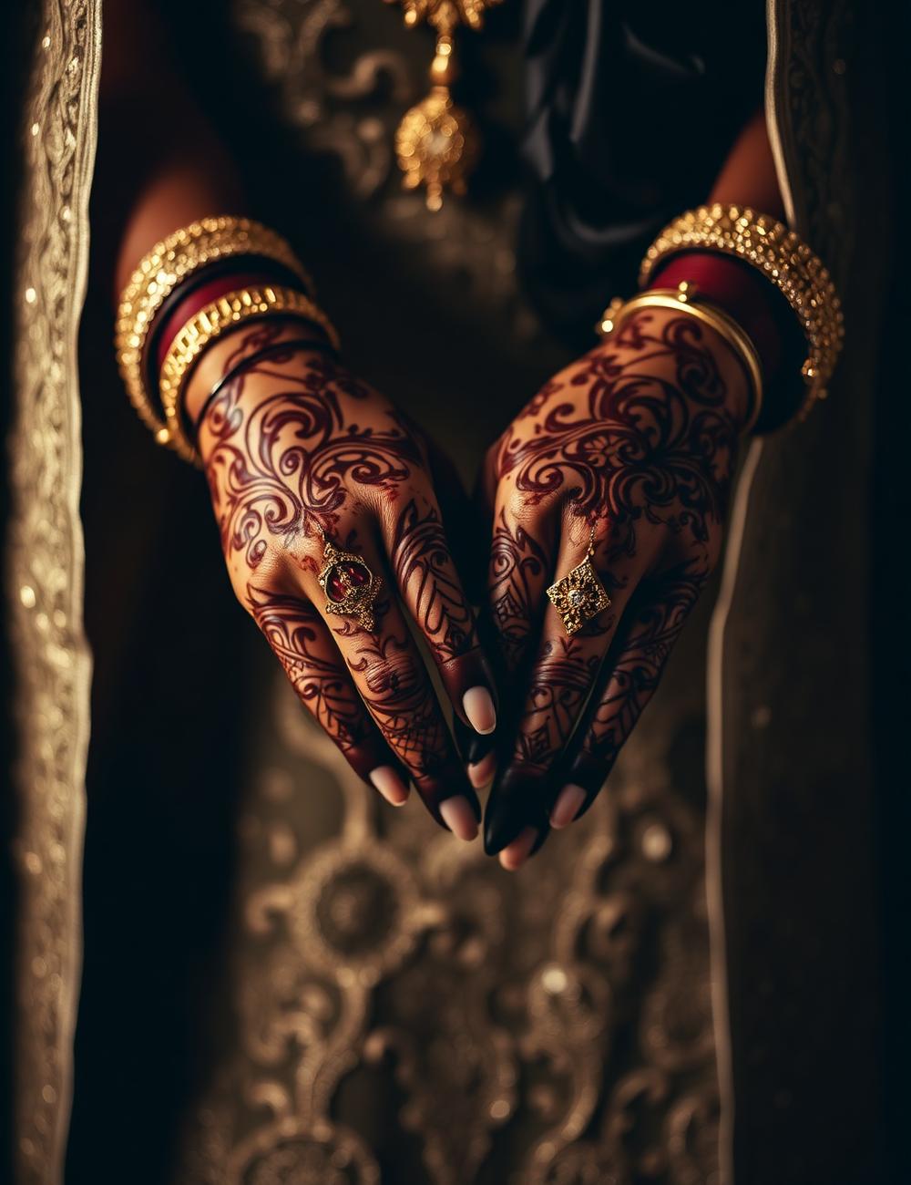 Bridal hands with henna and gold jewellery